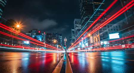 A vibrant long exposure shot of a city street at night, showcasing the blurred trails of vehicle lights in red and blue, reflecting on the wet asphalt.の素材