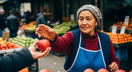 An elderly woman with a headscarf and blue apron is seen at an outdoor market, handing a red apple to a customer. She is smiling, surrounded by various fruits and vegetables.の素材