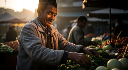 An elderly man with a warm smile meticulously arranges fresh produce at an outdoor market, bathed in the soft, golden light of either sunrise or sunset.の素材