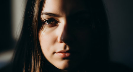 Close-up of a young woman's face, dramatically lit with one side in bright light and the other in deep shadow, creating a mysterious and contemplative mood.の素材