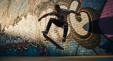 A low-angle, action-packed shot captures a skateboarder mid-air, executing an impressive ollie trick.の素材