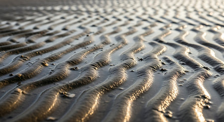 Close-up view of intricate ripple patterns formed by water on wet sand at a beach or tidal flat.の素材