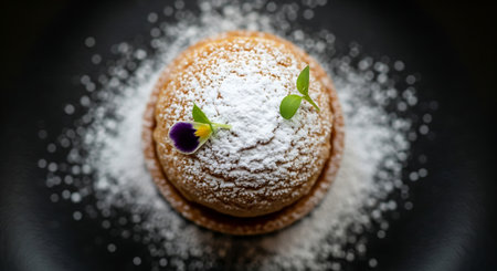 An overhead shot of a beautifully crafted choux pastry, generously dusted with powdered sugar and garnished with delicate edible flowers, presented on a dark surface.の素材