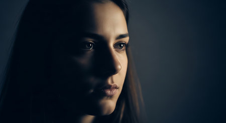 A close-up, low-light portrait of a young woman with dark hair, her face partially illuminated, revealing a thoughtful and serious expression as she looks off to the side.の素材