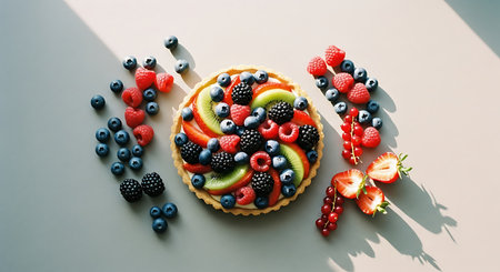 A vibrant and appetizing berry tart, beautifully arranged with an assortment of fresh fruits including blueberries, raspberries, and strawberries, set on a clean white surface with natural light.の素材
