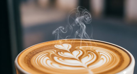A detailed close up shot of a freshly brewed latte, showcasing intricate heart shaped latte art and visible steam rising from the warm beverage, suggesting its freshness and warmth.の素材