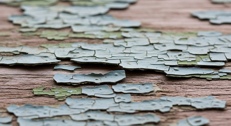 A detailed close-up shot of old, flaking paint on a wooden surface, revealing layers of decay and the rough texture of the material.の素材