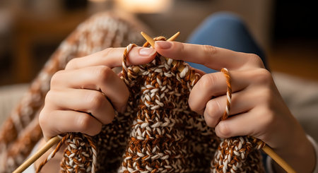 A close-up shot captures hands skillfully engaged in knitting, using a blend of brown and white yarn to create a textured, warm fabric.の素材