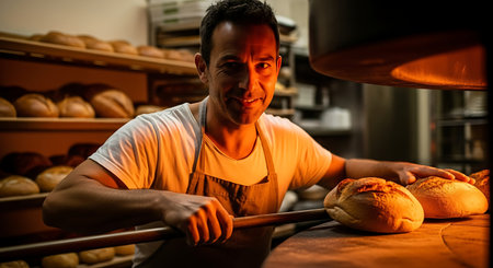 A skilled baker is seen in a warm, rustic bakery, using a long wooden peel to carefully remove golden-brown loaves of freshly baked bread from a glowing oven. The scene highlights the craft of baking.の素材