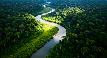 An breathtaking aerial perspective captures a majestic river snaking its way through the vibrant, untouched expanse of a tropical rainforest, with sunlight dappling the water and lush green canopy.の素材