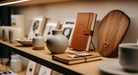 A close-up shot of a wooden shelf showcasing a curated collection of artisanal products.の素材