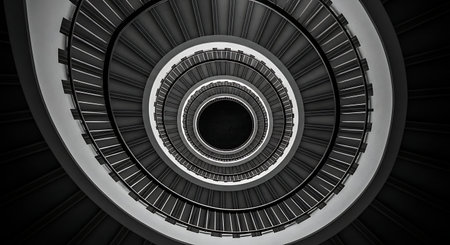A captivating low-angle, black and white shot of a spiral staircase, creating an abstract, concentric pattern that draws the eye into its depths.の素材