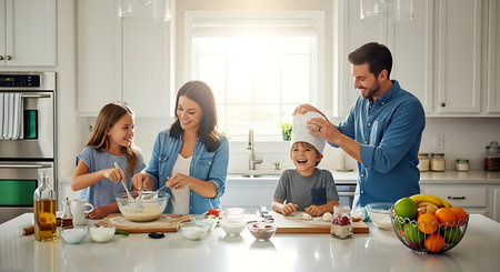 A joyful family, including parents and two children, are happily baking in a well-lit, contemporary kitchen.の素材