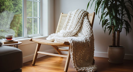 A warm and inviting indoor scene featuring a wooden chair draped with a chunky knitted blanket, positioned next to a large window with natural light.の素材