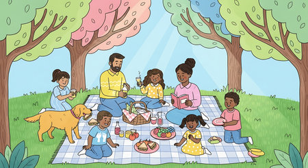 An illustration of a diverse family, including parents, four children, and a golden retriever, enjoying a picnic on a checkered blanket under two large trees.の素材