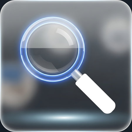 A sleek, modern magnifying glass icon featuring a vibrant blue neon outline, set against a dark, subtly blurred background, symbolizing search, discovery, and focus.の素材