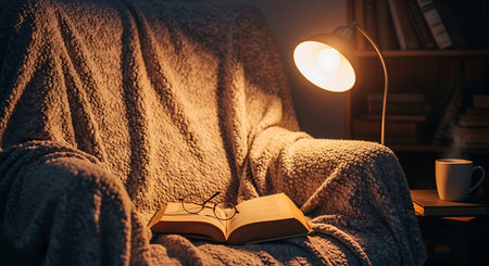 An inviting and cozy evening scene featuring a comfortable armchair draped with a soft blanket, an open book with reading glasses, and a warm lamp illuminating the space.の素材