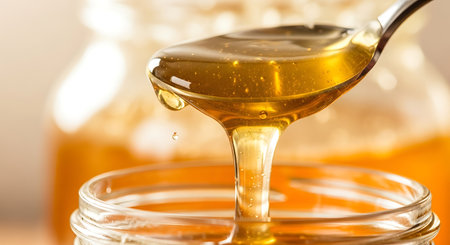 Close-up shot of golden, viscous honey slowly dripping from a metal spoon into a clear glass jar, with a blurred background of more honey.の素材
