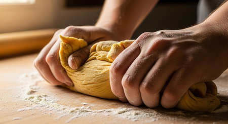 A close-up shot captures a person's hands vigorously kneading a golden-colored dough on a rustic wooden surface dusted with flour.の素材