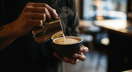 Close-up of a barista's hands expertly pouring steamed milk from a metal pitcher into a dark coffee cup, forming intricate latte art.の素材