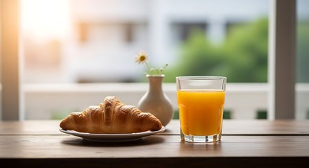A delicious breakfast scene featuring a golden-brown croissant on a white plate and a glass of fresh orange juice, set on a rustic wooden table.の素材