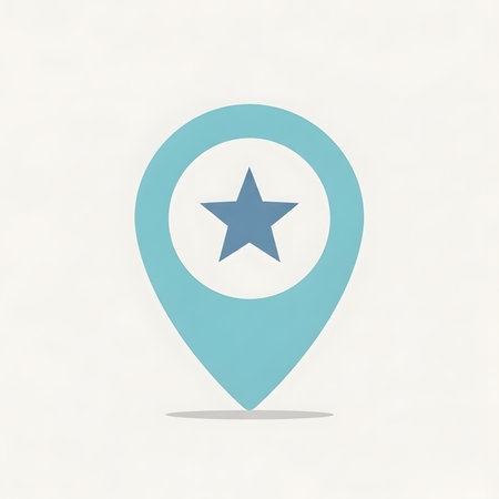 A simple flat vector illustration of a light blue map pin with a star in the center, symbolizing a favorite place, saved destination, or point of interest on a map.のイラスト素材