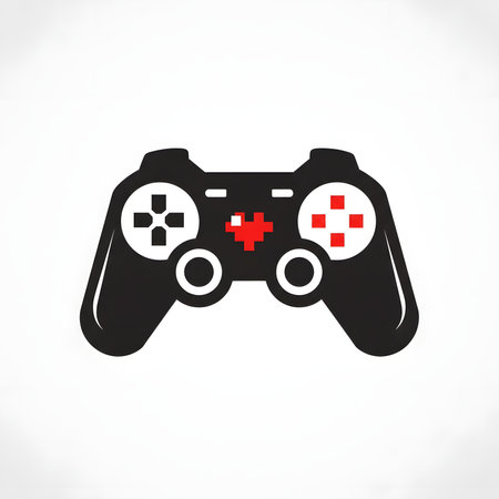 A sleek black video game controller is prominently displayed against a clean white background, featuring a vibrant red pixelated heart icon at its center, symbolizing love for gaming.のイラスト素材