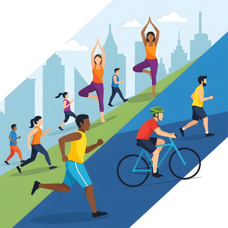 A diverse community of men and women enjoying a healthy lifestyle by running, cycling, and practicing yoga in an urban park with a city skyline in the background.のイラスト素材