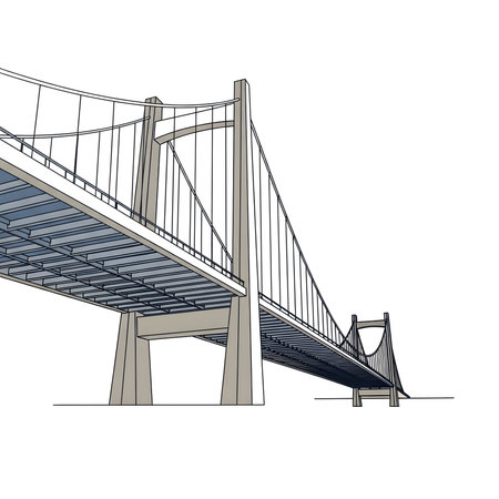 A clean and precise line art illustration of a large suspension bridge, showcasing its architectural details and structural elements against a white background. The perspective emphasizes the bridges grandeur and engineering.のイラスト素材