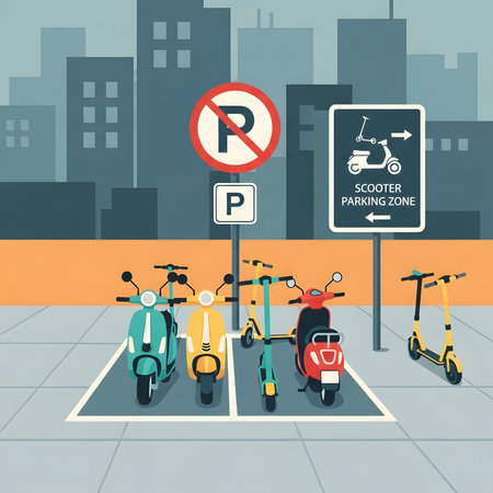 A flat vector illustration showing a designated parking area for colorful electric scooters and mopeds in an urban environment with city buildings and parking signs.のイラスト素材