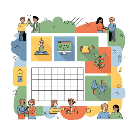 Colorful vector illustration of a central calendar with icons for yoga, coding, and gardening. Diverse people collaborate, symbolizing work life balance and community.のイラスト素材