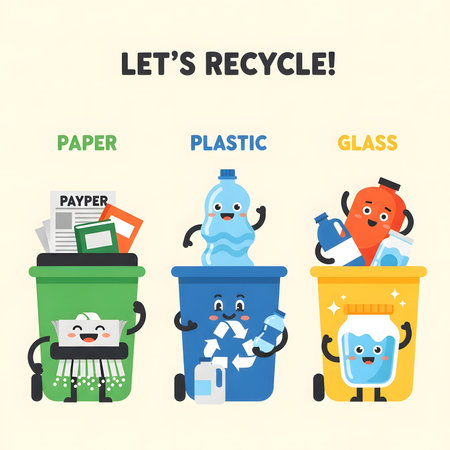 An adorable cartoon illustration featuring three distinct recycling bins, each designated for paper, plastic, and glass, with cheerful, anthropomorphic faces encouraging waste sorting and environmental consciousness.のイラスト素材