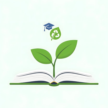 Illustration of an open book with a green sprout growing from it. A graduation cap and a leaf with a recycling symbol float above, symbolizing eco-friendly education and sustainable knowledge.のイラスト素材