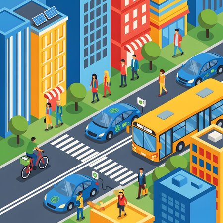 Vector illustration of a smart city street scene. Includes eco-friendly cars, a bus, a bicycle, and pedestrians on a crosswalk, surrounded by modern buildings with solar panels.のイラスト素材
