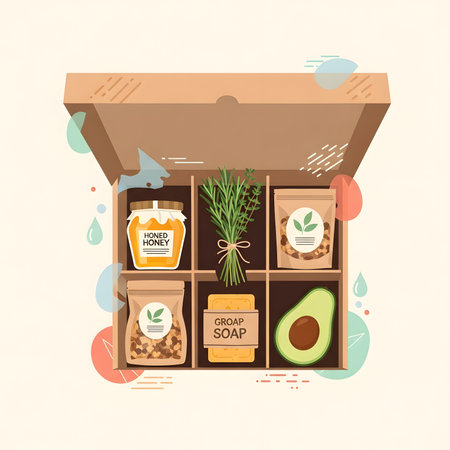A flat vector illustration of an open cardboard gift box containing organic items like honey, soap, herbs, nuts, and an avocado. A healthy lifestyle or subscription box concept.のイラスト素材