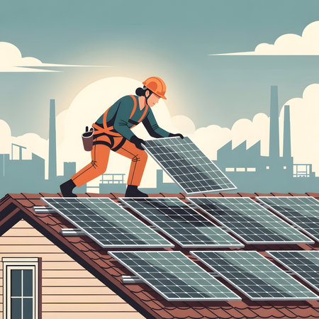 An illustration of a skilled worker in safety gear installing photovoltaic solar panels on a house roof, representing renewable energy and sustainable technology.のイラスト素材