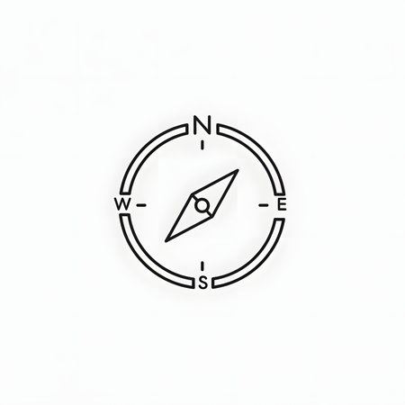 A minimalist black and white line art illustration of a compass, showing the cardinal directions North, South, East, and West, with a simple needle pointing towards North.のイラスト素材