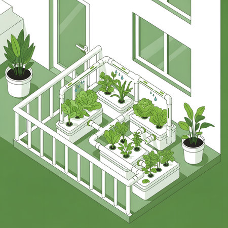 A detailed isometric vector illustration of an urban balcony featuring a self-sufficient hydroponic system for growing fresh vegetables and herbs at home.のイラスト素材