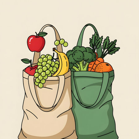Hand-drawn illustration of two eco-friendly tote bags overflowing with a colorful assortment of fresh produce, including apples, grapes, bananas, broccoli, carrots, and oranges, set against a light background.のイラスト素材