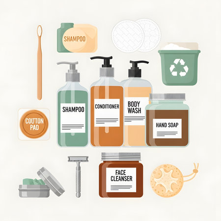 A collection of eco-friendly personal care items including shampoo, conditioner, body wash, soap, and a safety razor. Flat vector illustration of sustainable bathroom essentials.のイラスト素材
