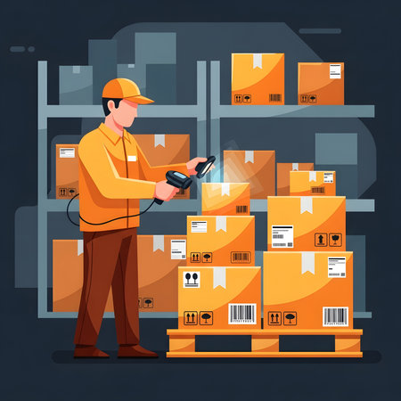 Vector illustration of a logistics employee managing inventory. A man in uniform uses a handheld reader to scan cardboard boxes stacked on a pallet inside a storage facility.のイラスト素材