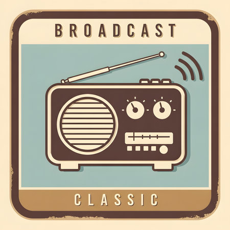 A retro design of a classic portable radio with an antenna and tuning knobs. This nostalgic illustration is on an aged, grunge-style background with the words Broadcast and Classic.のイラスト素材