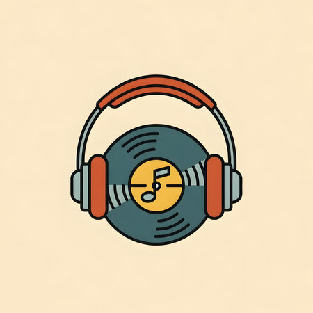 A flat design illustration of orange headphones wrapped around a vinyl record with a musical note. A retro concept for music lovers and audio enthusiasts.のイラスト素材