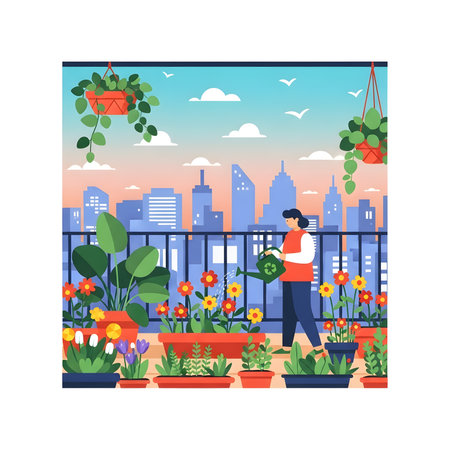 A person tending to their urban balcony garden, watering colorful flowers in pots with a modern cityscape visible in the background during a beautiful sunset.のイラスト素材