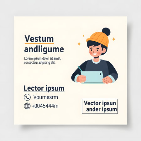 A cheerful young boy in a yellow hat is depicted holding a tablet, set against a light background with text placeholders for a social media post or advertisement. The design is clean and modern, suitable for digital content.のイラスト素材