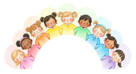 Watercolor illustration of a diverse group of smiling children from different ethnicities. The kids are arranged in a colorful rainbow arc symbolizing unity and friendship.のイラスト素材