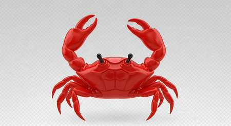 A single vibrant red crab is isolated on a plain white background. The marine crustacean is facing forward with its large pincers raised in a defensive or threatening posture.のイラスト素材
