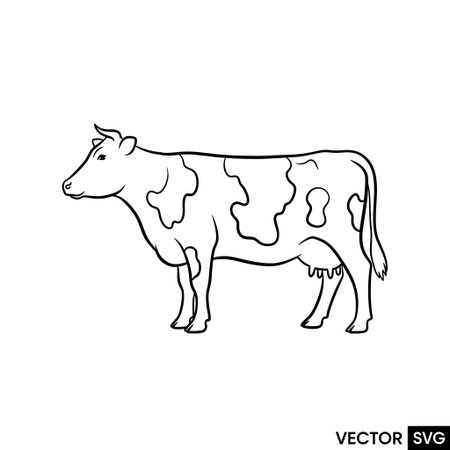 A simple, clean black and white line art illustration of a cow standing, viewed from the side, perfect for coloring books or farm animal themes.のイラスト素材