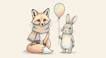 A heartwarming watercolor illustration of a friendly fox wearing a colorful scarf sitting next to a cute rabbit holding a pastel balloon. Isolated on a light background.のイラスト素材