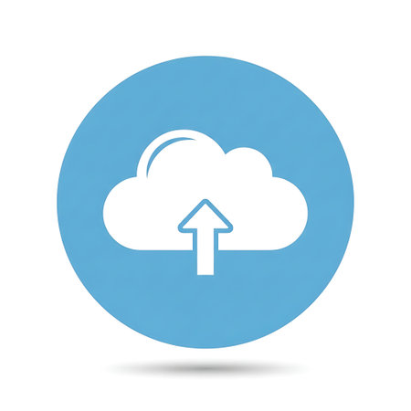 A minimalist flat design icon featuring a white cloud with an upward-pointing arrow, set within a solid blue circular background, symbolizing data upload or cloud storage.のイラスト素材